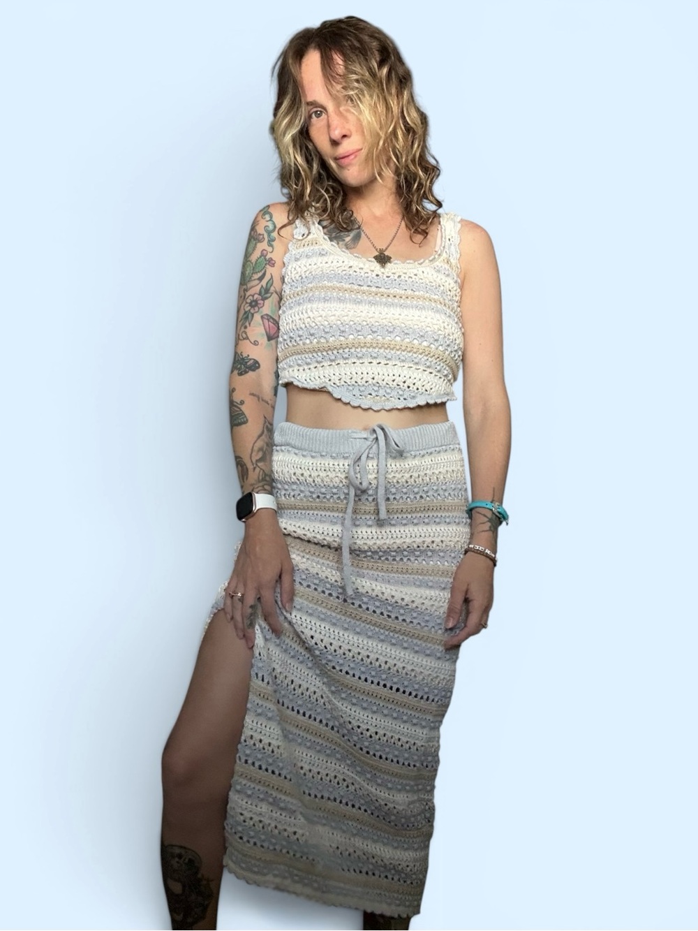 Jessica Simpson Crochet Maxi Skirt in Cream and Light Gray
